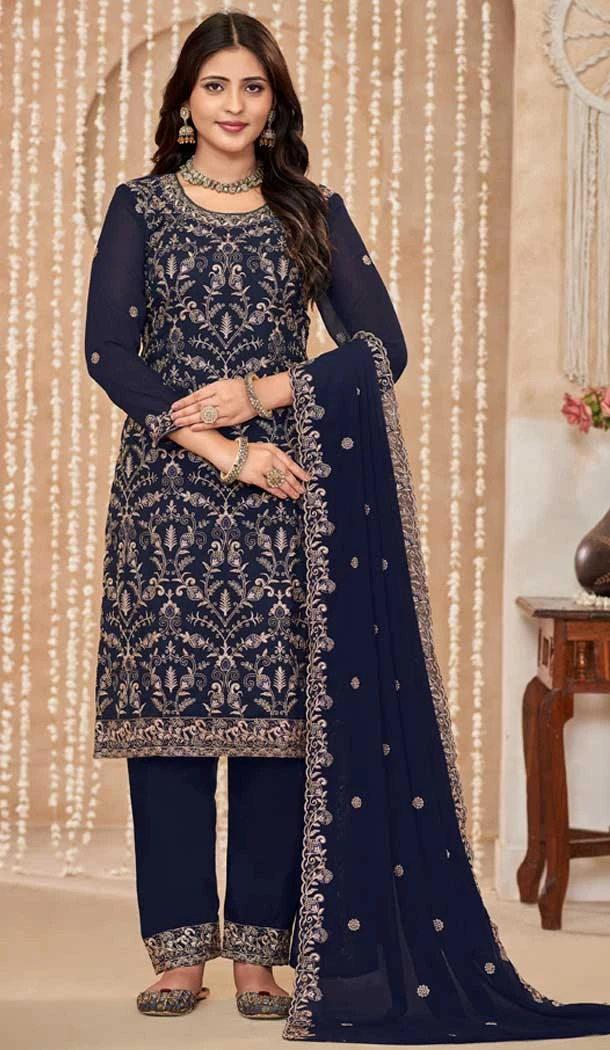 Faux Georgette Embroidered Designer Salwar Suit In Blue - 145569458