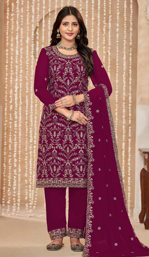 Faux Georgette Embroidered Designer Salwar Suit In Burgundy - 145569459