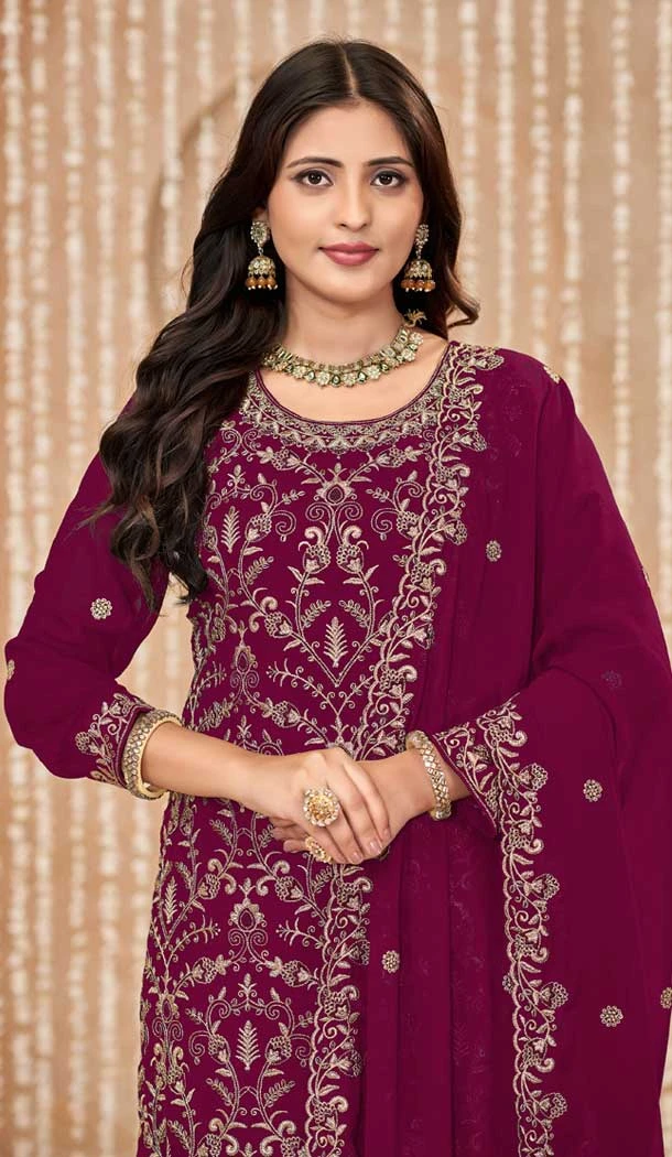 Faux Georgette Embroidered Designer Salwar Suit In Burgundy - 145569459