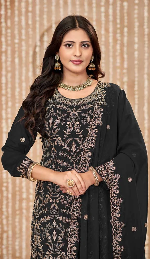 Faux Georgette Embroidered Designer Salwar Suit In Black - 145569460