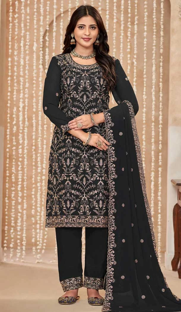 Faux Georgette Embroidered Designer Salwar Suit In Black - 145569460