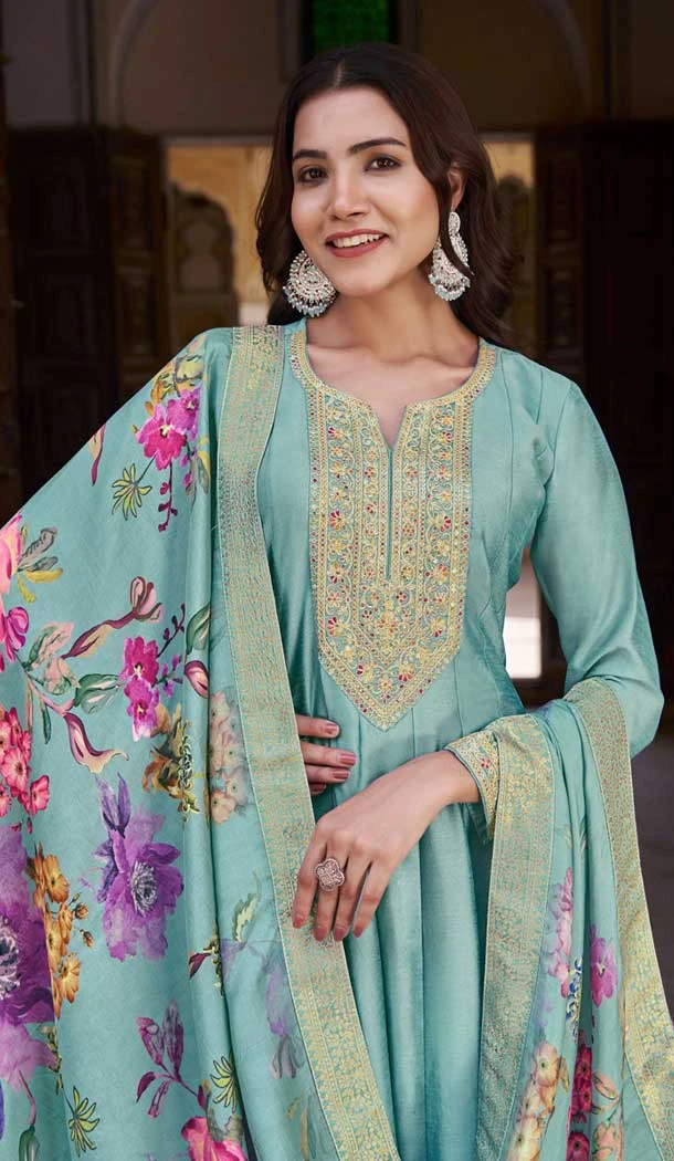 Vichitra Silk Embroidery Work Anarkali Style Salwar Suit In Sky Blue - 145579461