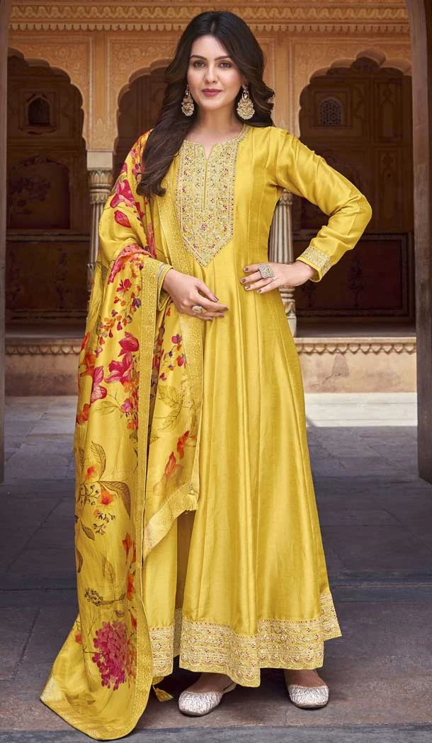 Vichitra Silk Embroidery Work Anarkali Style Salwar Suit In Yellow - 145579462