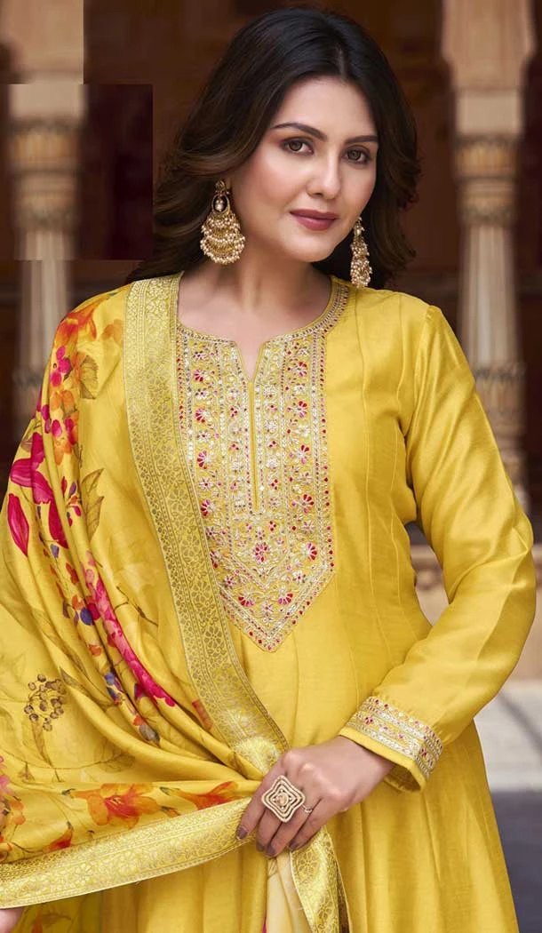 Vichitra Silk Embroidery Work Anarkali Style Salwar Suit In Yellow - 145579462