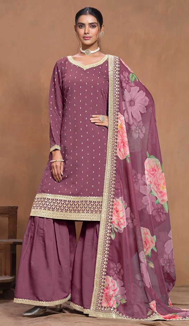 Burgundy Roman Silk Embroidered Party Wear Palazzo Suit - 145599469