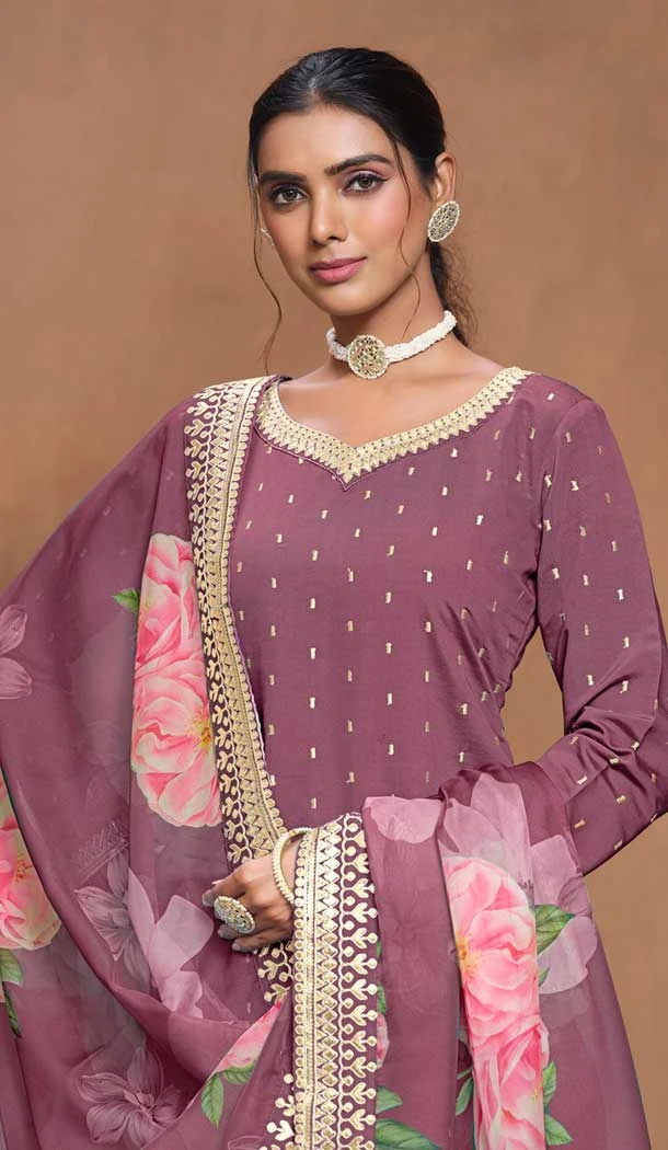 Burgundy Roman Silk Embroidered Party Wear Palazzo Suit - 145599469