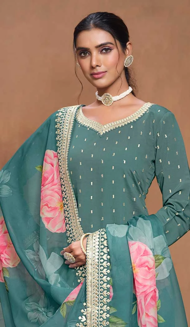 Teal Blue Roman Silk Embroidered Party Wear Palazzo Suit - 145599470