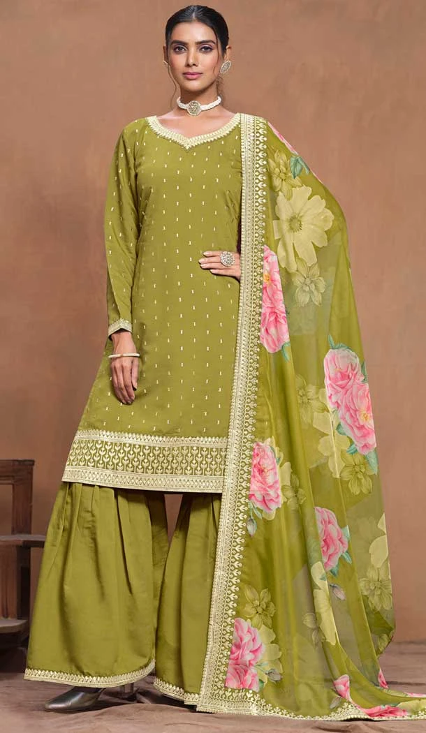 Green Roman Silk Embroidered Party Wear Palazzo Suit - 145599471