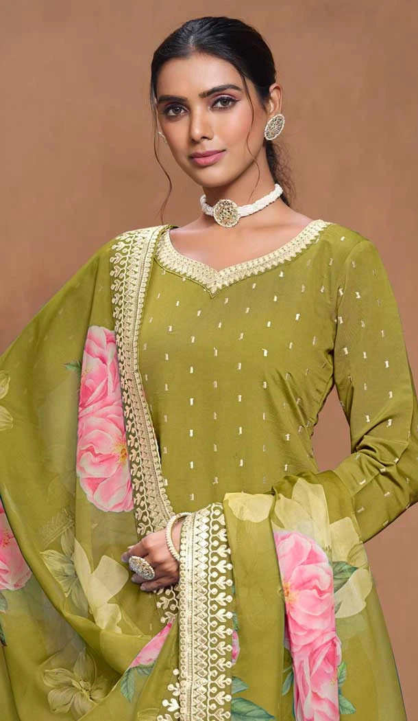 Green Roman Silk Embroidered Party Wear Palazzo Suit - 145599471