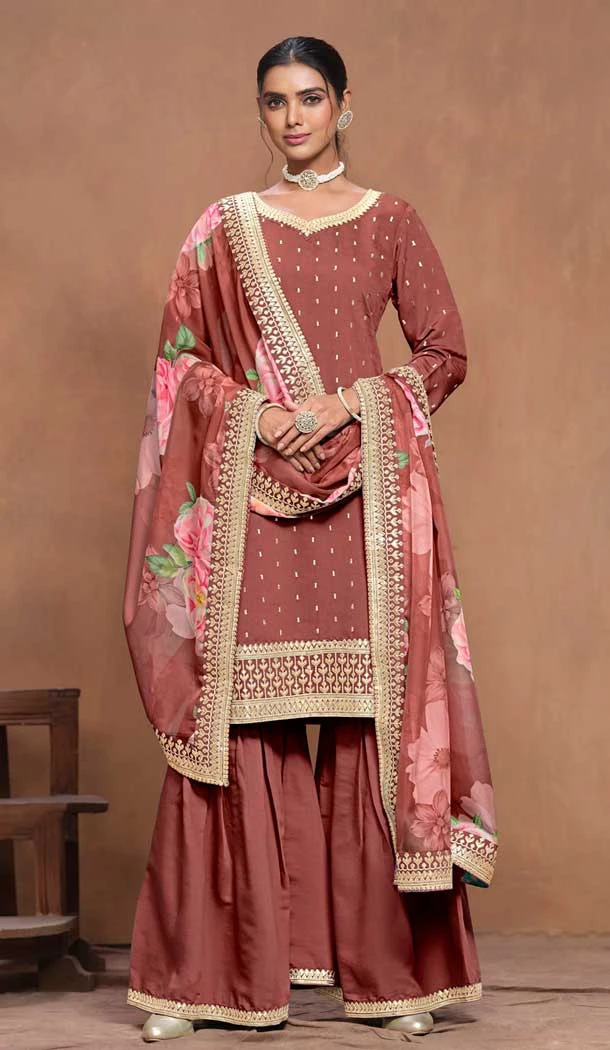 Brown Roman Silk Embroidered Party Wear Palazzo Suit - 145599472