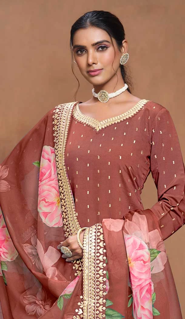 Brown Roman Silk Embroidered Party Wear Palazzo Suit - 145599472