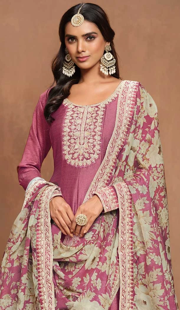 Pink Art Silk Embroidered Anarkali Style Designer Salwar Suit - 145979703