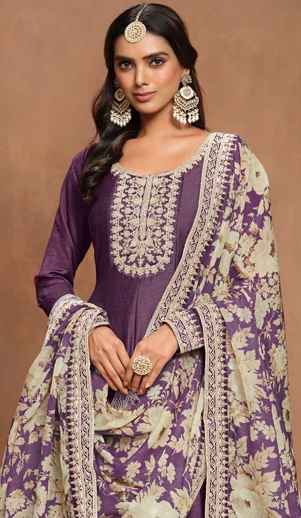 Lavender Art Silk Embroidered Anarkali Style Designer Salwar Suit - 145979704