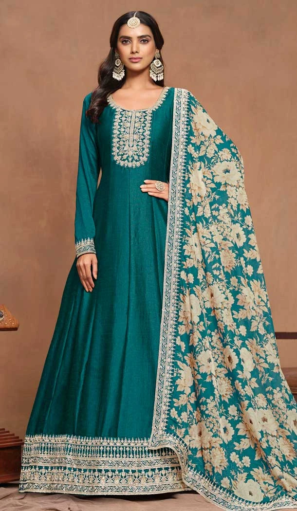 Rama Blue Art Silk Embroidered Anarkali Style Designer Salwar Suit - 145979705