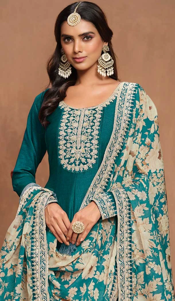 Rama Blue Art Silk Embroidered Anarkali Style Designer Salwar Suit - 145979705
