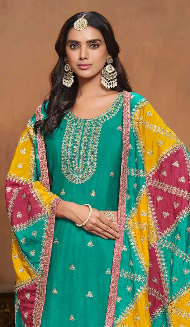 Chinon Embroidered Party Wear Designer Salwar Suit In Sea Green - 146279886