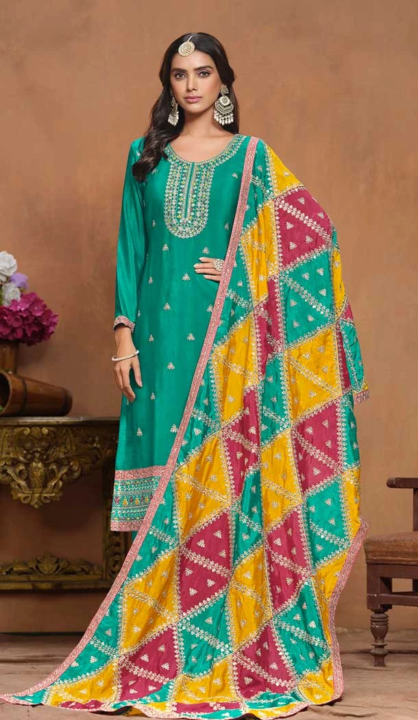 Chinon Embroidered Party Wear Designer Salwar Suit In Sea Green - 146279886