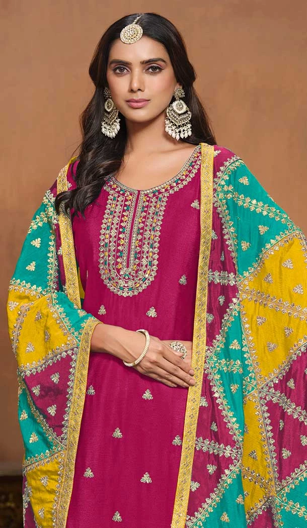 Chinon Embroidered Party Wear Designer Salwar Suit In Pink - 146279887