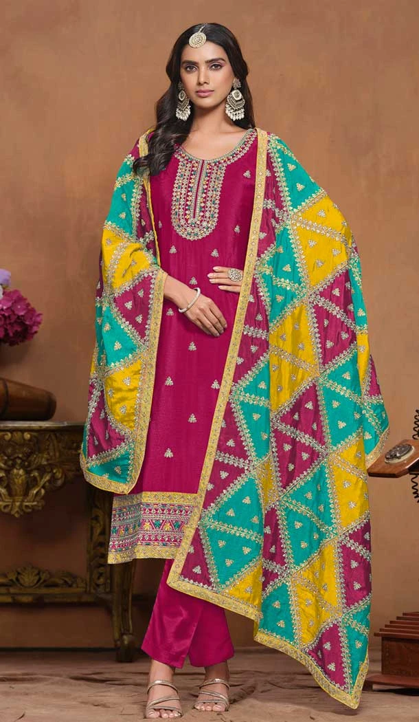 Chinon Embroidered Party Wear Designer Salwar Suit In Pink - 146279887