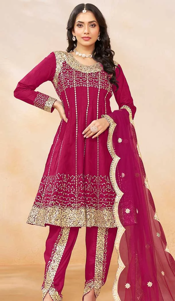 Art Silk Sequins Embroidered Party Wear Dhoti Style Salwar Suit In Pink - 146511031