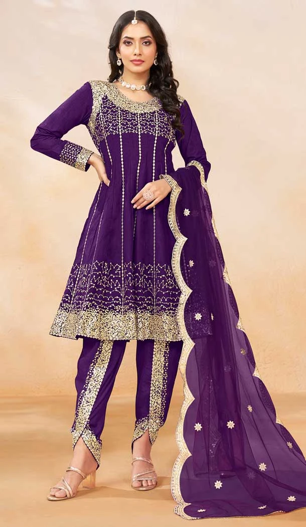 Art Silk Sequins Embroidered Party Wear Dhoti Style Salwar Suit In Violet - 146511032
