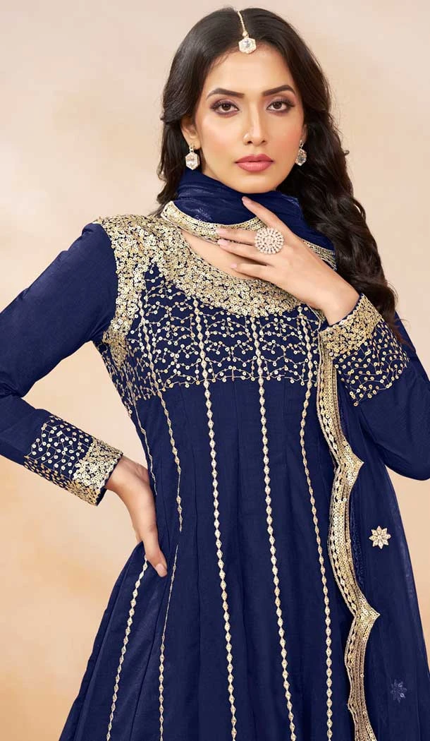 Art Silk Sequins Embroidered Party Wear Dhoti Style Salwar Suit In Blue - 146511033