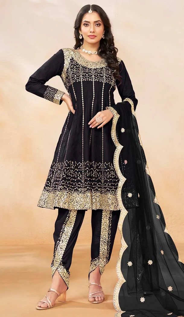 Art Silk Sequins Embroidered Party Wear Dhoti Style Salwar Suit In Black - 146511035