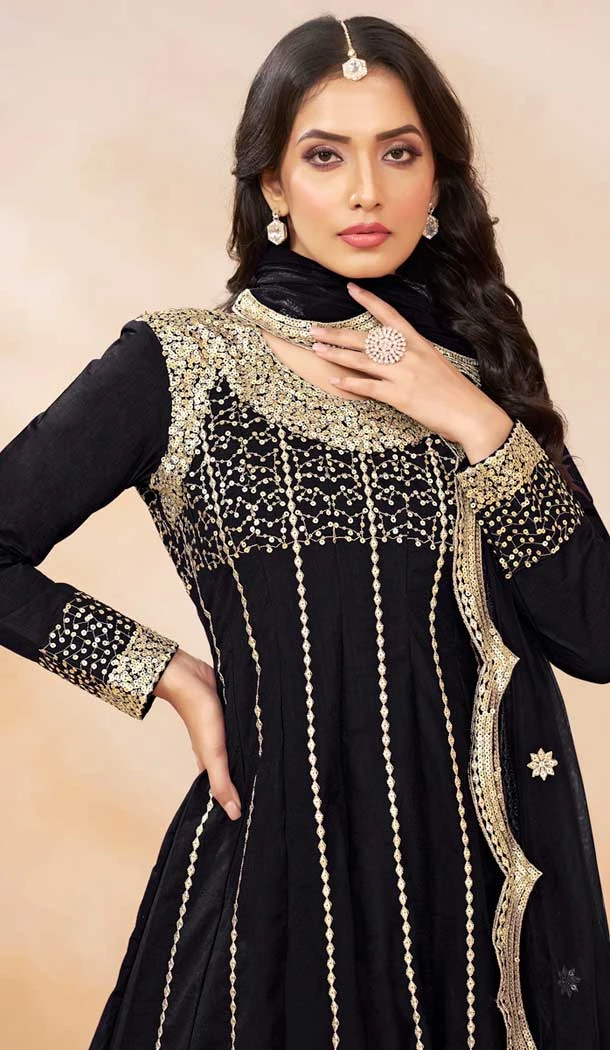 Art Silk Sequins Embroidered Party Wear Dhoti Style Salwar Suit In Black - 146511035