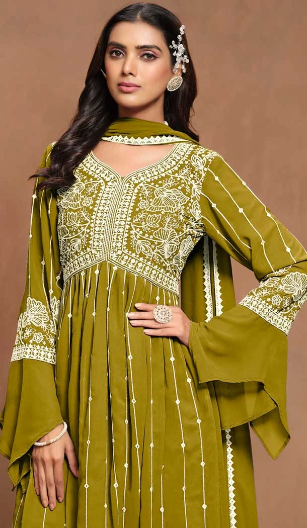 Green Faux Georgette Embroidered Designer Sharara Suit - 146661111