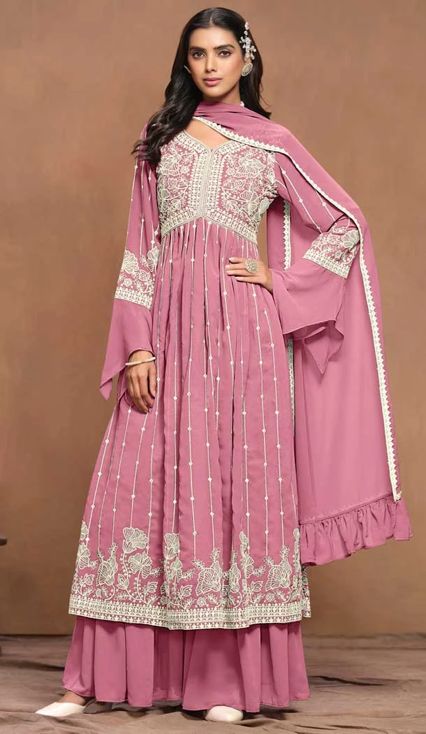 Pink Faux Georgette Embroidered Designer Sharara Suit - 146661114
