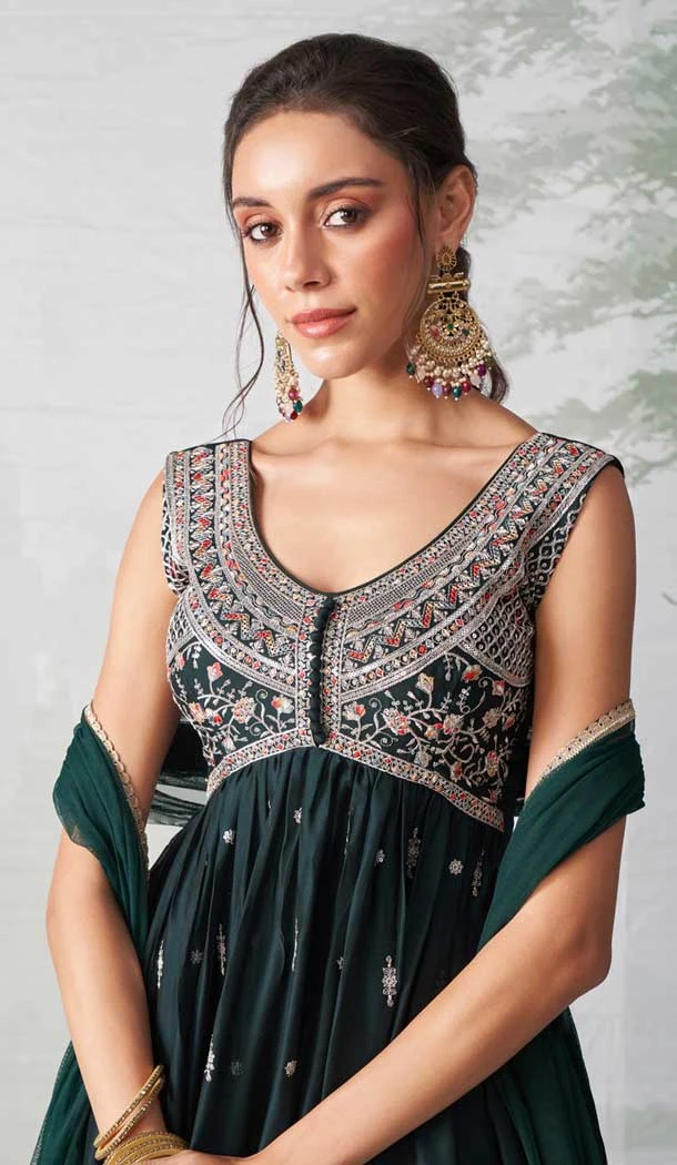 Georgette Sequence Embroidered Designer Salwar Suit In Green - 146691129