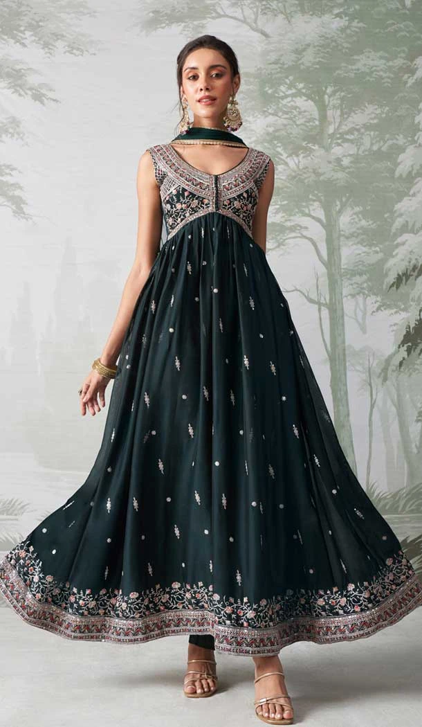Georgette Sequence Embroidered Designer Salwar Suit In Green - 146691129