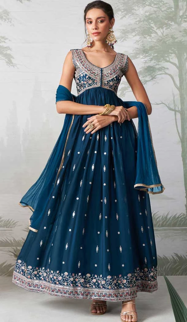 Georgette Sequence Embroidered Designer Salwar Suit In Teal Blue - 146691131