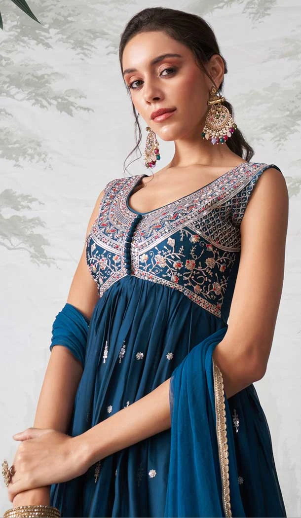 Georgette Sequence Embroidered Designer Salwar Suit In Teal Blue - 146691131