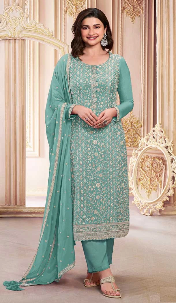 Teal Blue Georgette Embroidered Prachi Desai Salwar Suit - 146711139