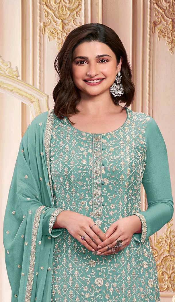 Teal Blue Georgette Embroidered Prachi Desai Salwar Suit - 146711139