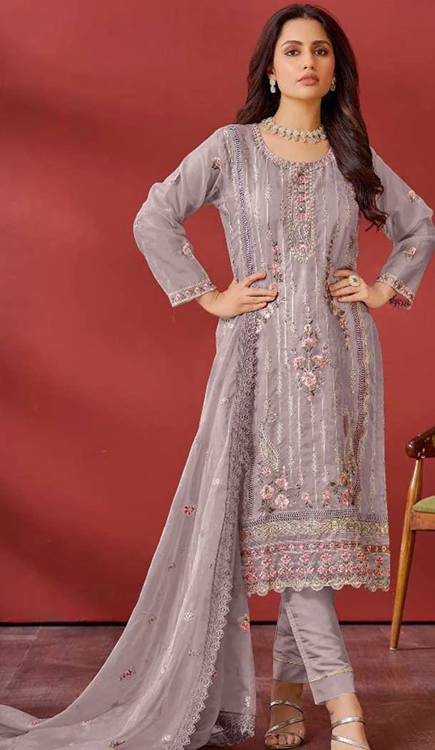 Organza Embroidered Pakistani Salwar Kameez In Mauve - 146811194