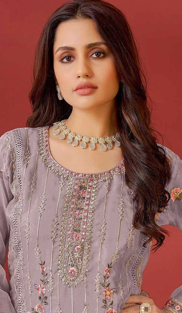 Organza Embroidered Pakistani Salwar Kameez In Mauve - 146811194