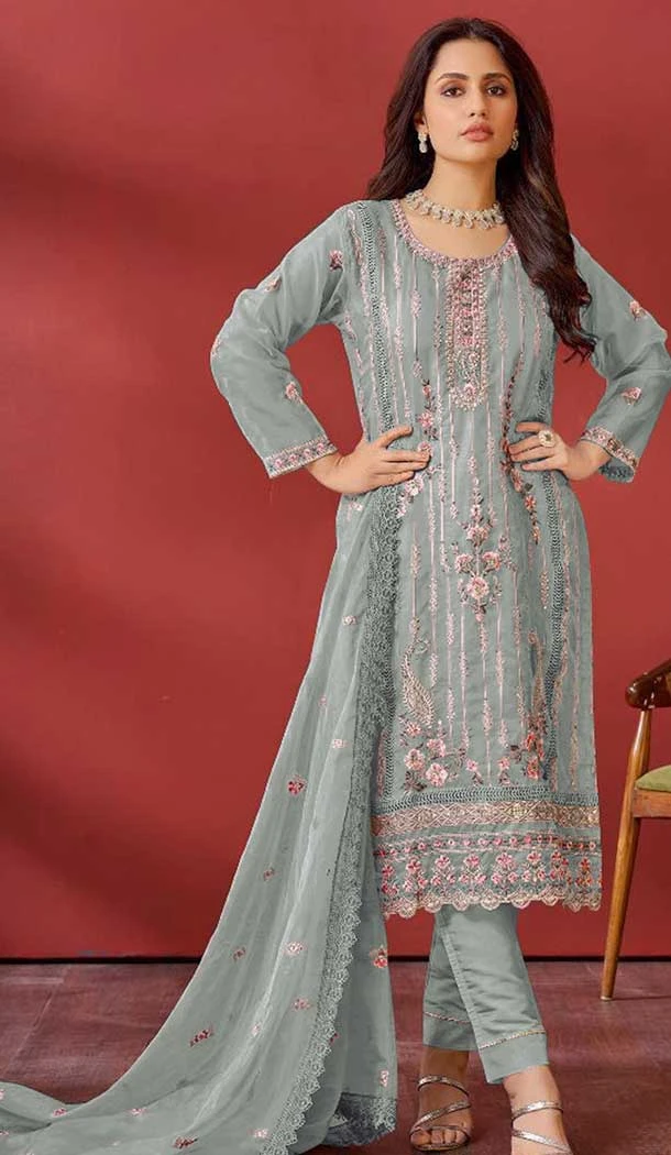 Organza Embroidered Pakistani Salwar Kameez In Green - 146811195