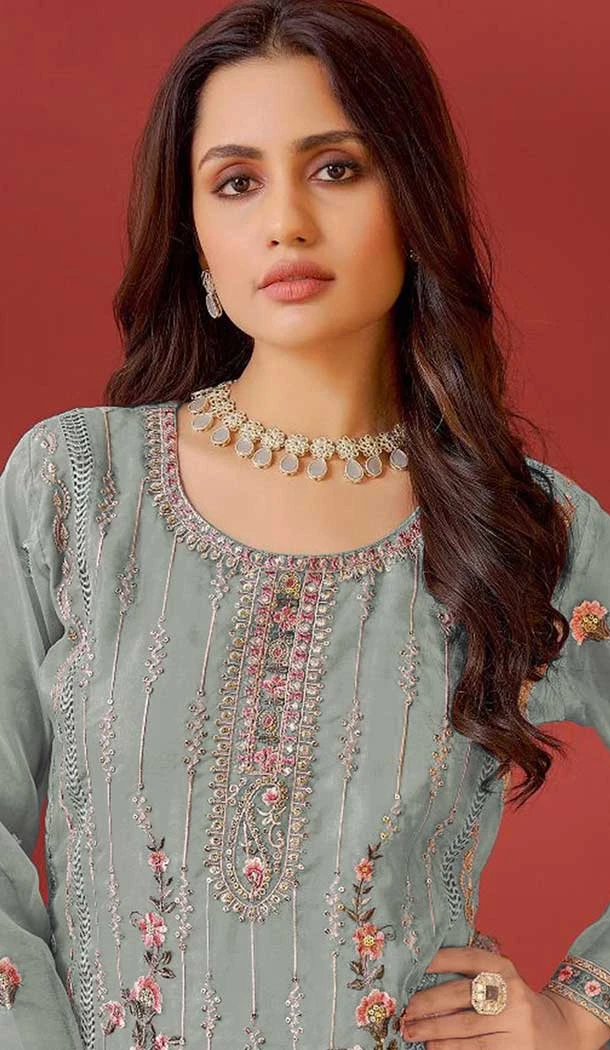 Organza Embroidered Pakistani Salwar Kameez In Green - 146811195