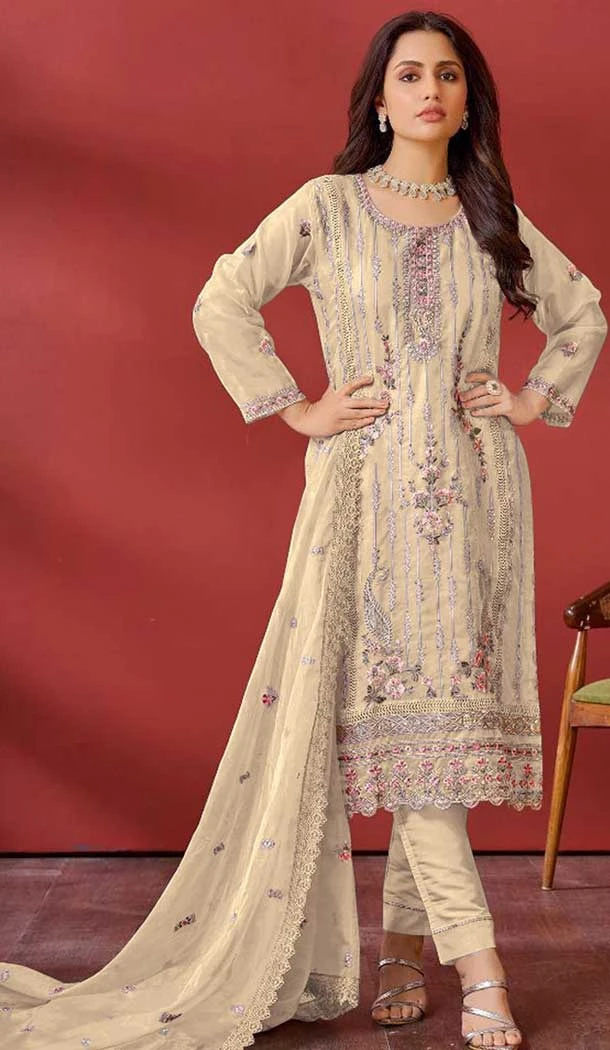 Organza Embroidered Pakistani Salwar Kameez In Cream - 146811196