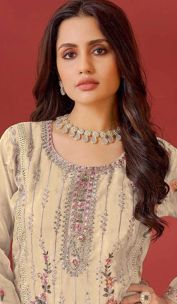 Organza Embroidered Pakistani Salwar Kameez In Cream - 146811196