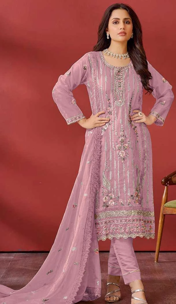 Organza Embroidered Pakistani Salwar Kameez In Pink - 146811197