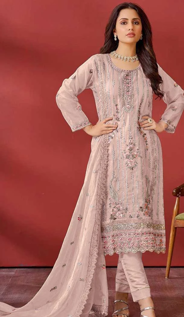 Organza Embroidered Pakistani Salwar Kameez In Beige - 146811198