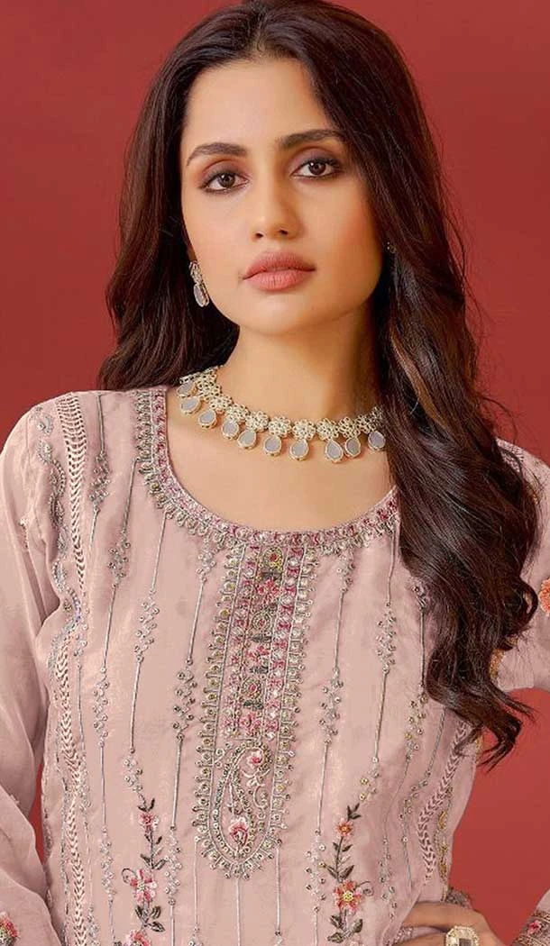 Organza Embroidered Pakistani Salwar Kameez In Beige - 146811198