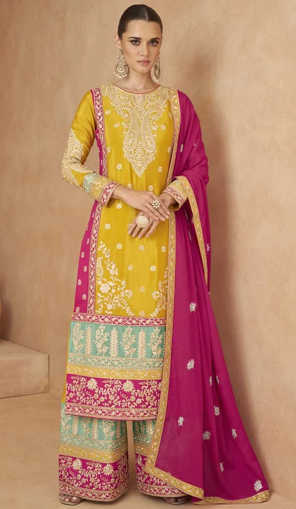 Yellow Chinon Embroidered Designer Palazzo Salwar Kameez - 146821199