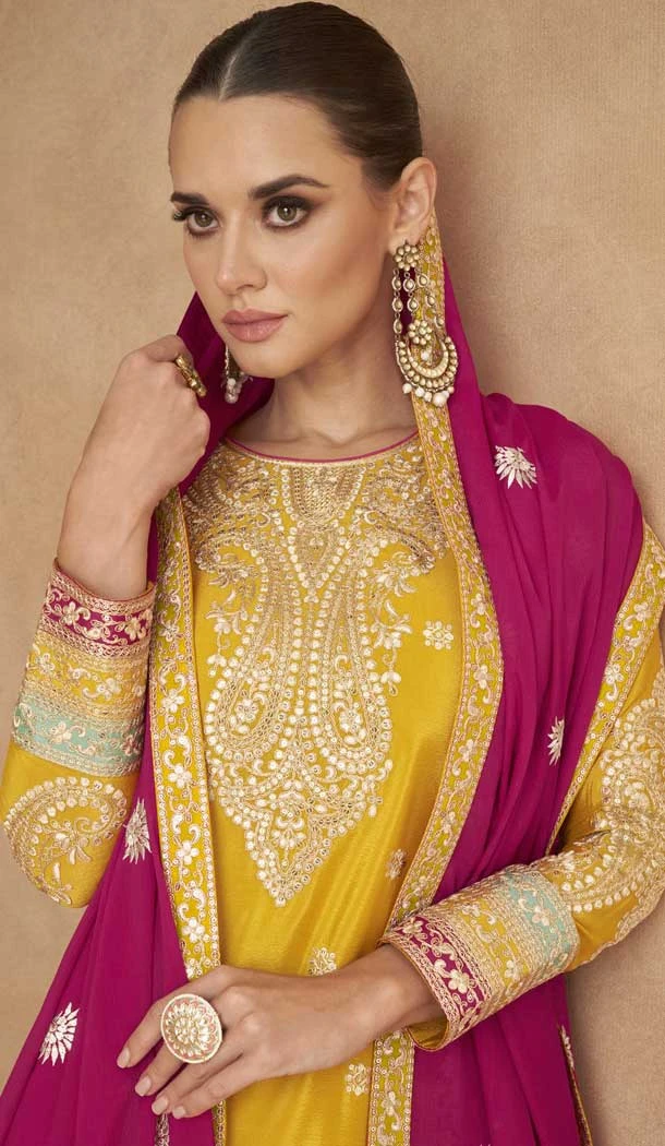 Yellow Chinon Embroidered Designer Palazzo Salwar Kameez - 146821199
