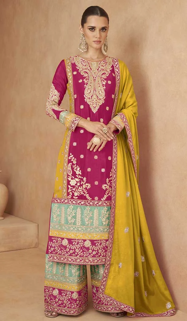 Pink Chinon Embroidered Designer Palazzo Salwar Kameez - 146821200