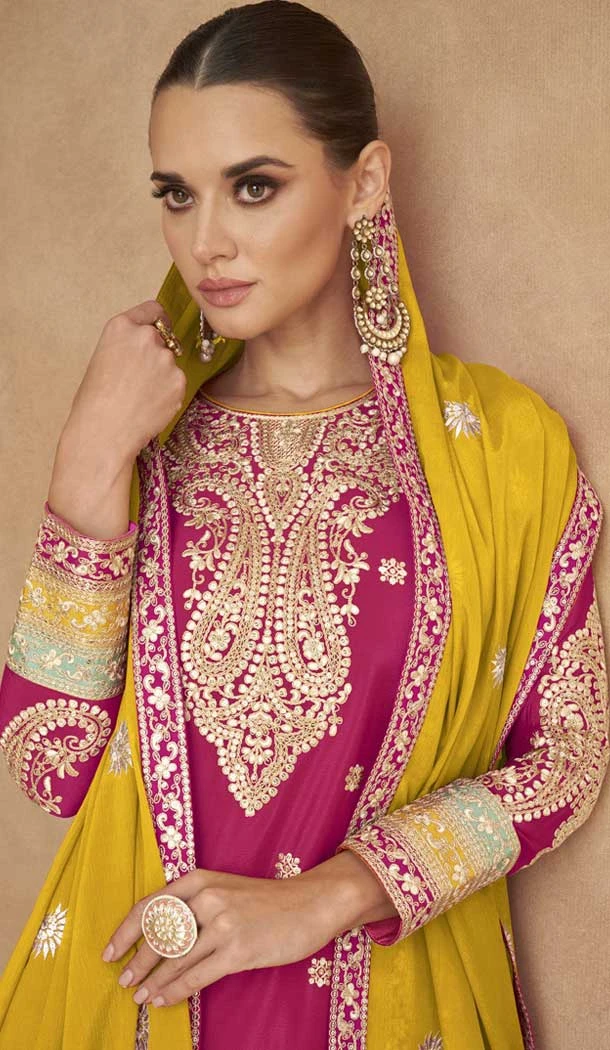 Pink Chinon Embroidered Designer Palazzo Salwar Kameez - 146821200