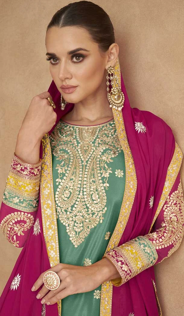 Green Chinon Embroidered Designer Palazzo Salwar Kameez - 146821201